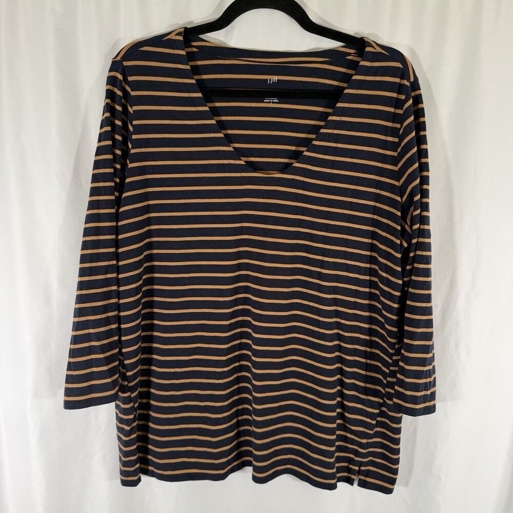J Jill Blouse Womens Large Blue Yellow Striped Vneck 3/4 Sleeve Forward Seam Tee